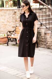 Женское черное платье-рубашка с короткими рукавами и поясом на талии armonika, черный