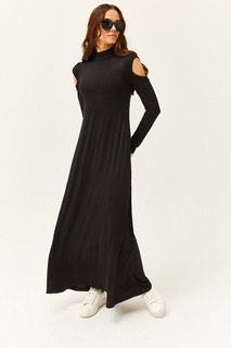Женское черное расклешенное платье миди из лайкры и декольте Olalook, черный