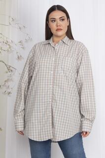 Женская рубашка больших размеров из норки в клетку с рисунком 65n22337 Şans, бежевый