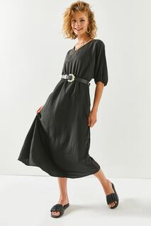 Женское черное свободное платье с v-образным вырезом и эластичной резинкой на талии Olalook, черный