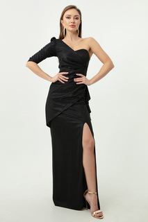Женское черное серебристое длинное вечернее платье с одним рукавом Lafaba, черный