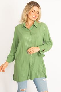 Женская рубашка из вискозы большого размера зеленого цвета с рукавами на пуговицах спереди, кружевом и блестящими деталями 65n34517 Şans, зеленый