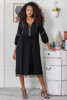 Женское черное тканое платье миди с v-образным вырезом и зигзагообразной вышивкой и кисточками Chiccy, черный