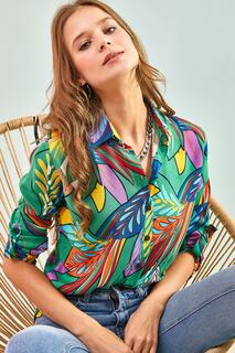 Женская рубашка из вискозы с узором в несколько листьев и сложенными рукавами Bianco Lucci, разноцветный