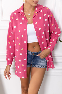 Женская рубашка оверсайз в льняном стиле цвета фуксии с ромашками armonika, розовый