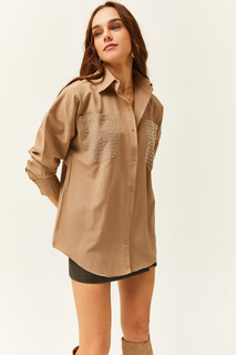 Женская рубашка оверсайз из норки с карманами и штапельным узором Olalook, коричневый
