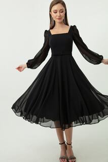 Женское черное шифоновое вечернее платье миди с квадратным вырезом и поясом Lafaba, черный