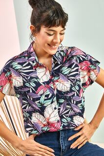 Женская рубашка с рукавами «летучая мышь» с разноцветными узорами Bianco Lucci, темно-синий