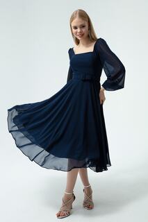Женское шифоновое вечернее платье миди темно-синего цвета с квадратным воротником и поясом Lafaba, темно-синий
