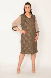 Женское шифоновое платье из норки с блестящими рукавами большого размера 65n32794 Şans, коричневый