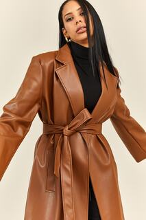 Женская светло-коричневая кожаная куртка с двубортным воротником и поясом XHAN, коричневый