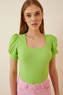 Женская светло-зеленая трикотажная блузка с квадратным воротником и воздушными рукавами Happiness İstanbul, темно-синий