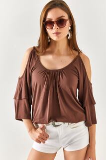 Женская свободная блузка горько-коричневого цвета с глубоким вырезом и воланами Olalook, коричневый