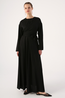 Черное вискозное платье с круглым вырезом и завязкой на талии ALLDAY, черный