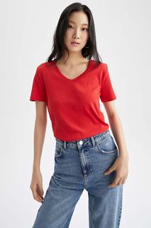Облегающая базовая футболка из 100% хлопка с v-образным вырезом и короткими рукавами DeFacto, красный