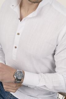Белая приталенная льняная рубашка с воротником-стойкой и тремя пуговицами в подарочной упаковке Etikmen, белый
