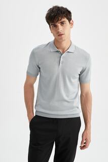 Облегающая трикотажная футболка с воротником-поло и короткими рукавами DeFacto, серый