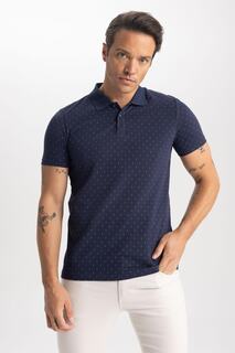 Облегающая футболка из 100% хлопка с короткими рукавами и воротником-поло DeFacto, темно-синий