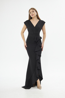Черное гибкое вечернее платье макси без рукавов с двубортным вырезом и воланами из ткани с аквалангом 582443 lovebox, черный
