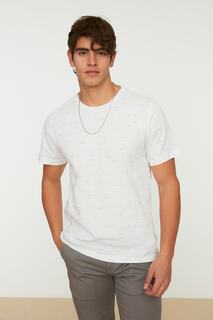 Белая мужская хлопковая футболка обычного/нормального кроя с круглым вырезом и короткими рукавами Trendyol, белый