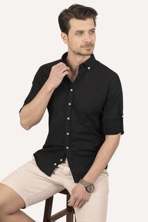 Облегающая льняная рубашка с черным воротником на пуговицах и подарочной упаковке Etikmen, черный