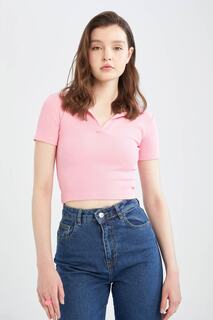 Облегающая футболка с воротником-поло и короткими рукавами DeFacto, розовый