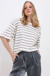 Женская серая футболка унисекс в рубчатую полоску с круглым вырезом, 2 нити ALC-X11418 Trend Alaçatı Stili, серый