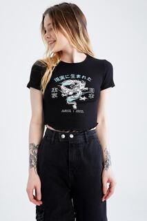 Облегающая футболка с короткими рукавами в японском стиле DeFacto, черный
