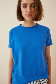Женская синяя базовая трикотажная футболка Happiness İstanbul, синий