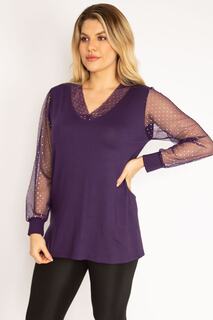 Женская серебристая блузка из тюля большого размера со сливовым воротником и рукавами 65n35185 Şans, фиолетовый