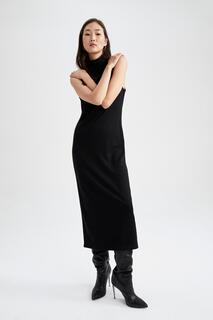 Облегающее платье миди без рукавов с полуводолазкой DeFacto, черный