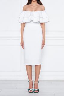 Белое платье-карандаш миди из гибкой дайверской ткани с воротником с оборками 164 lovebox, белый