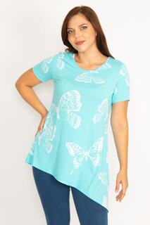 Женская синяя блузка большого размера с узором бабочки 65n34775 Şans, бирюзовый