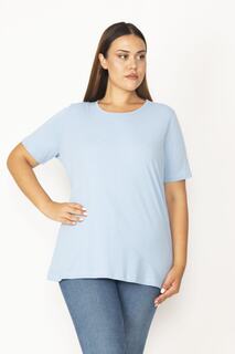 Женская синяя блузка большого размера из хлопчатобумажной ткани с круглым вырезом и короткими рукавами 65n29545 Şans, синий