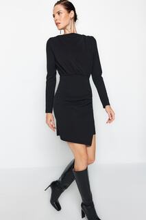 Черное мини-трикотажное платье премиум-класса с фактурным крепом и драпировкой Trendyol, черный