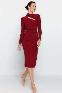 Облегающее эластичное трикотажное платье миди с вырезами плитки Trendyol, бордовый