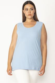 Женская синяя блузка без рукавов из хлопчатобумажной ткани большого размера с круглым вырезом 65n27624 Şans, синий