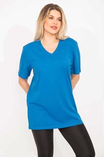 Женская синяя блузка большого размера из хлопчатобумажной ткани с v-образным вырезом и короткими рукавами Şans, синий