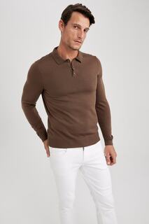 Облегающий свитер с воротником-поло DeFacto, коричневый