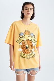 Свободная футболка из 100% хлопка с круглым вырезом и короткими рукавами с принтом DeFacto, желтый