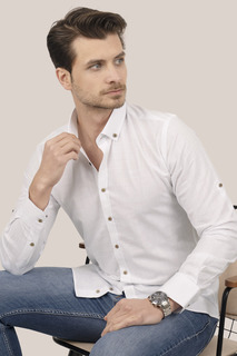Бело-коричневая льняная рубашка узкого кроя на пуговицах в подарочной упаковке Etikmen, белый