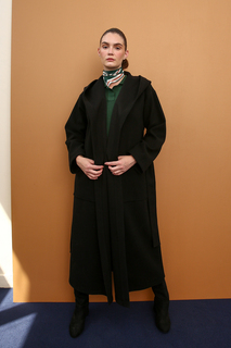 Черное пальто из кешью с капюшоном и поясом ALLDAY, черный