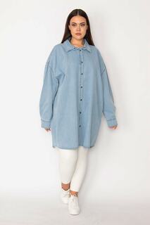 Женская синяя повседневная джинсовая куртка большого размера на кнопках большого размера Şans, синий
