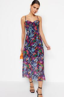 Ограниченная серия трикотажного платья миди из тюля с разноцветным узором и завязками на спине Trendyol, разноцветный