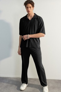 Ограниченная серия, черные мужские спортивные штаны свободного покроя/широкие брюки с текстурированной оттоманкой и потайным шнуром, без морщин Trendyol, черный