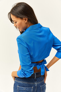 Женская синяя укороченная рубашка с завязками на спине Saks Olalook, темно-синий