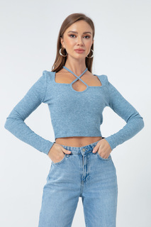 Женская синяя трикотажная укороченная рубашка с длинными рукавами Lafaba, синий