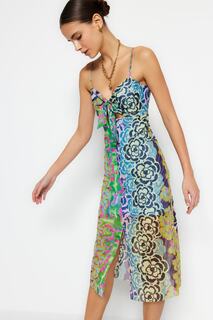 Ограниченная серия трикотажного платья миди из тюля с разноцветным узором и вырезами Trendyol, разноцветный