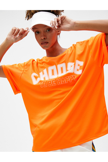 Однотонная оранжевая женская футболка с круглым вырезом Koton, оранжевый