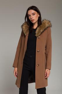 Однотонное пальто из овчины с капюшоном и застежкой на пуговицы Коричневое 3758 Olcay, коричневый